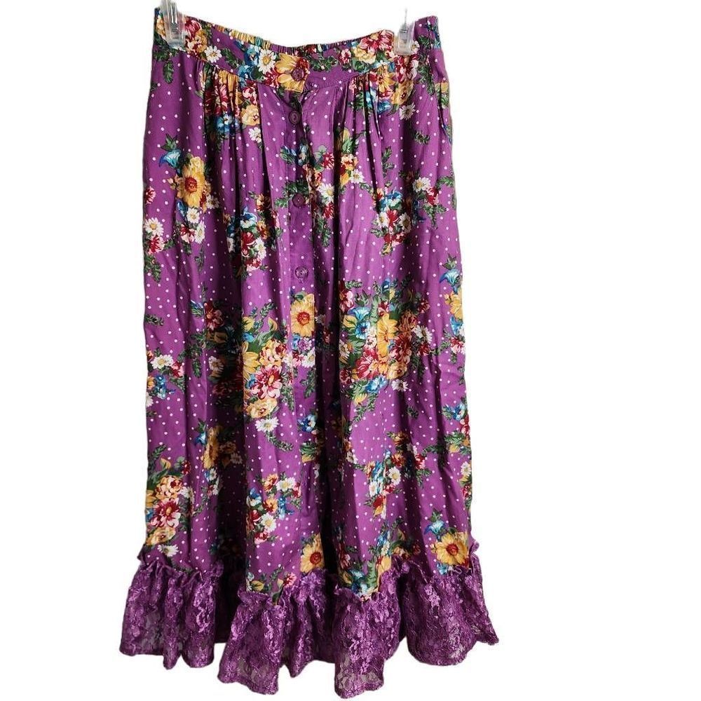 Lacy Afternoon By Shell Kepler Vintage 80s Button Front Floral Lace Midi Skirt C